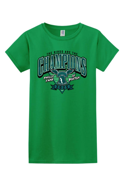 Green cotton women's t-shirt featuring a 2025 Philly Fans of Boston championship graphic with a Liberty Bell design.