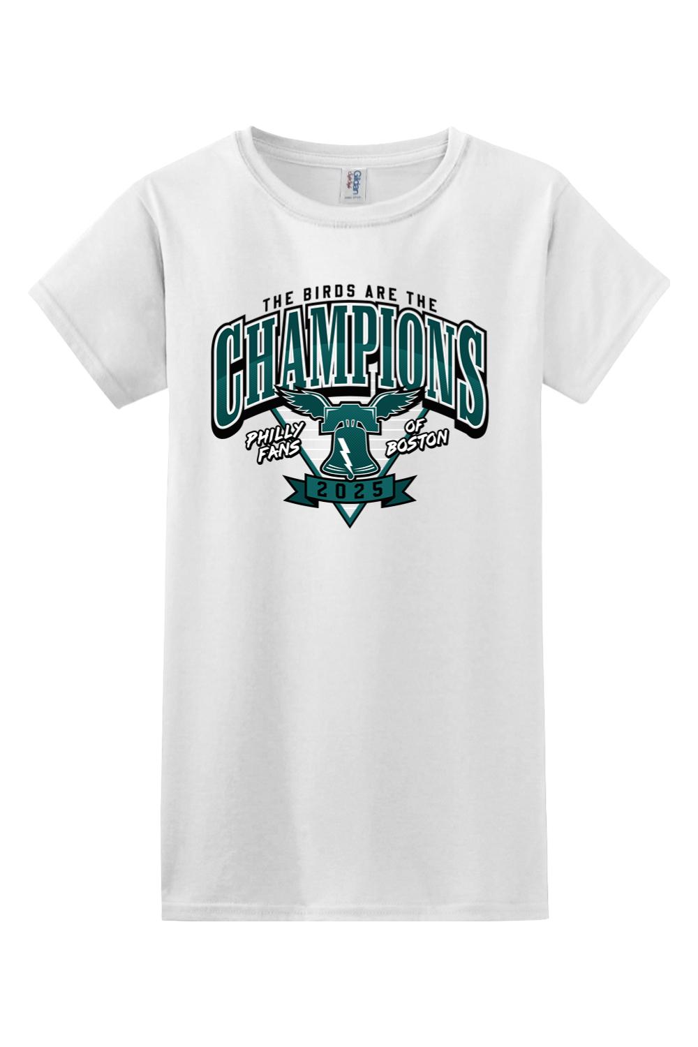 White cotton women's t-shirt featuring a green and black 2025 Philly Champions graphic with a Liberty Bell design.