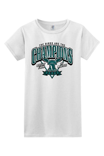 White cotton women's t-shirt featuring a green and black 2025 Philly Champions graphic with a Liberty Bell design.