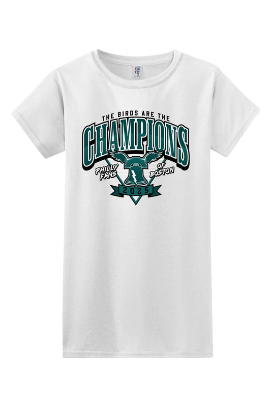White cotton women's t-shirt featuring a green and black 2025 Philly Champions graphic with a Liberty Bell design.