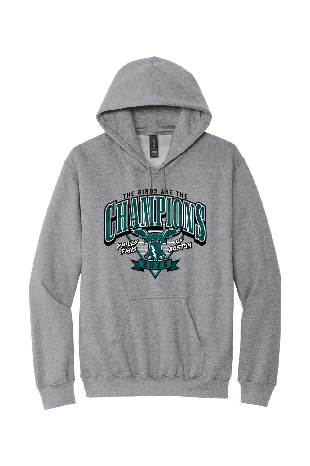 Grey fleece pullover hoodie featuring a Philly Fans of Boston 2025 Champions graphic with a bell and eagle design.