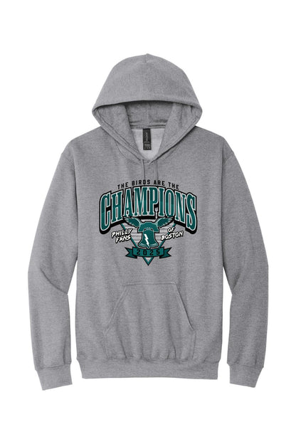 Grey fleece pullover hoodie featuring a Philly Fans of Boston 2025 Champions graphic with a bell and eagle design.