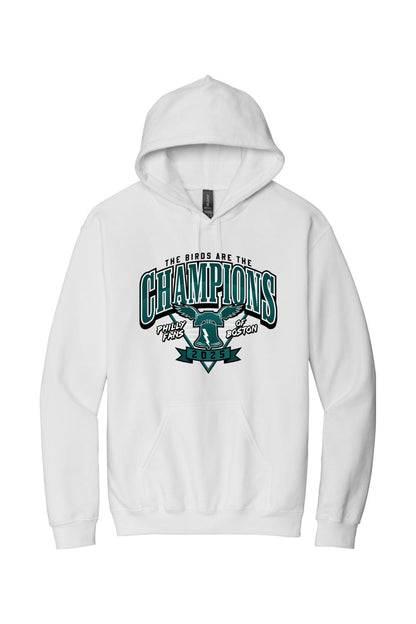 White fleece hoodie featuring a green and black 2025 Philly Fans of Boston Champions graphic with a bell icon.