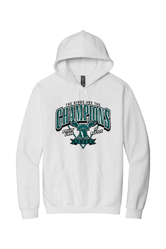 White fleece hoodie featuring a green and black 2025 Philly Fans of Boston Champions graphic with a bell icon.