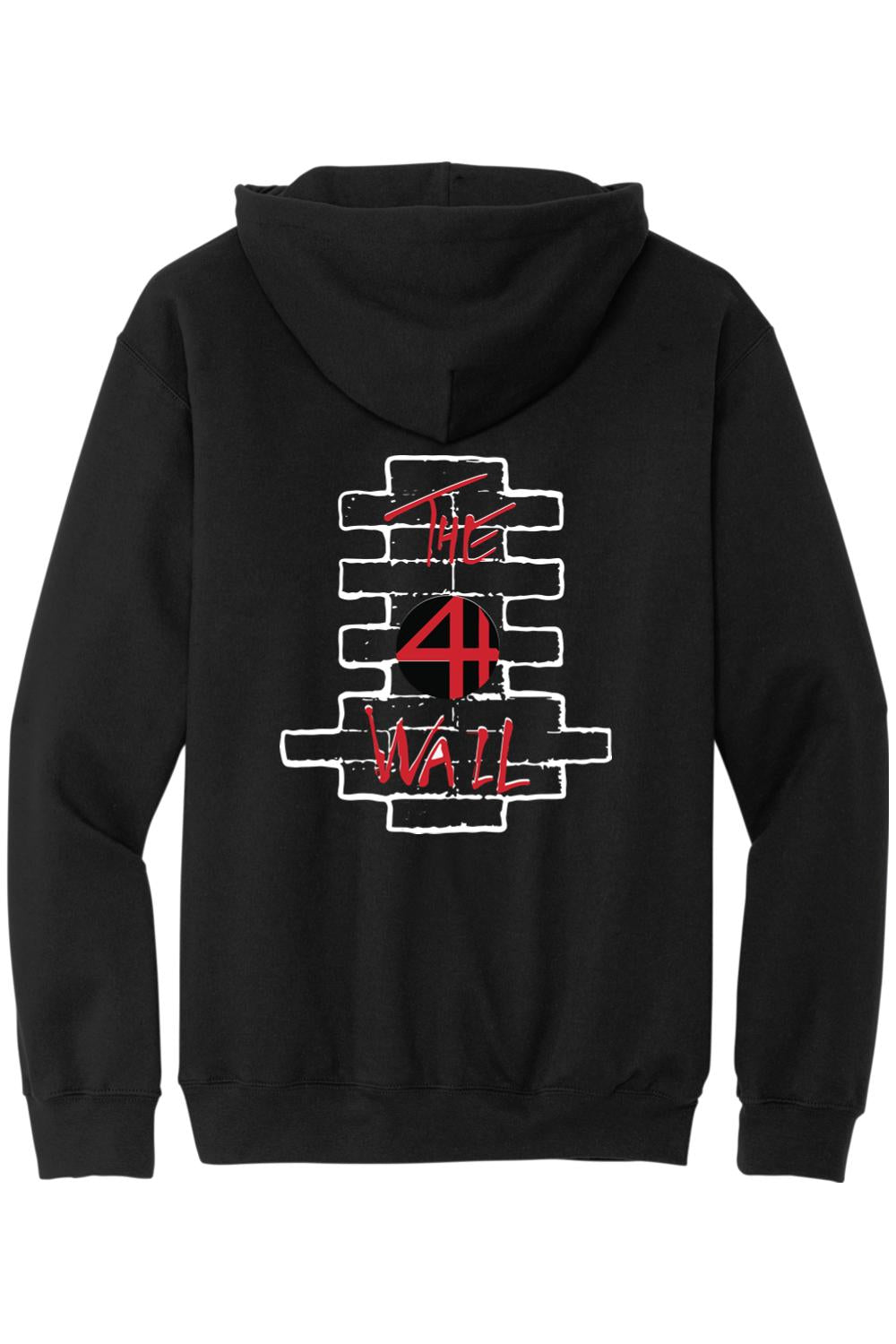 Black hooded sweatshirt featuring a white brick wall graphic with red 4th Wall text on the back.