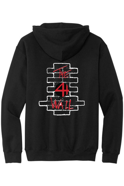 Black hooded sweatshirt featuring a white brick wall graphic with red 4th Wall text on the back.