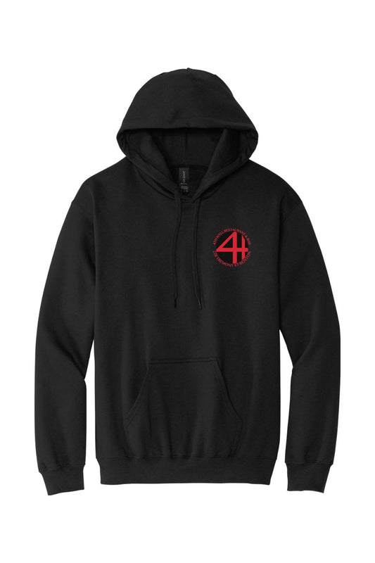 Black fleece hooded sweatshirt with a red 4th Wall Restaurant & Bar logo on the left chest and a front pouch pocket.