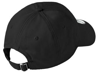 Black 100% cotton unstructured dad cap with a low profile and an adjustable fabric strap with a metal D-clip closure.
