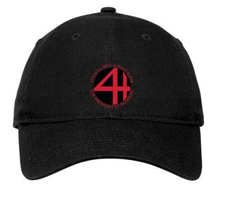 Black unstructured cotton dad cap featuring a red 4th Wall Restaurant and Bar logo on the front.
