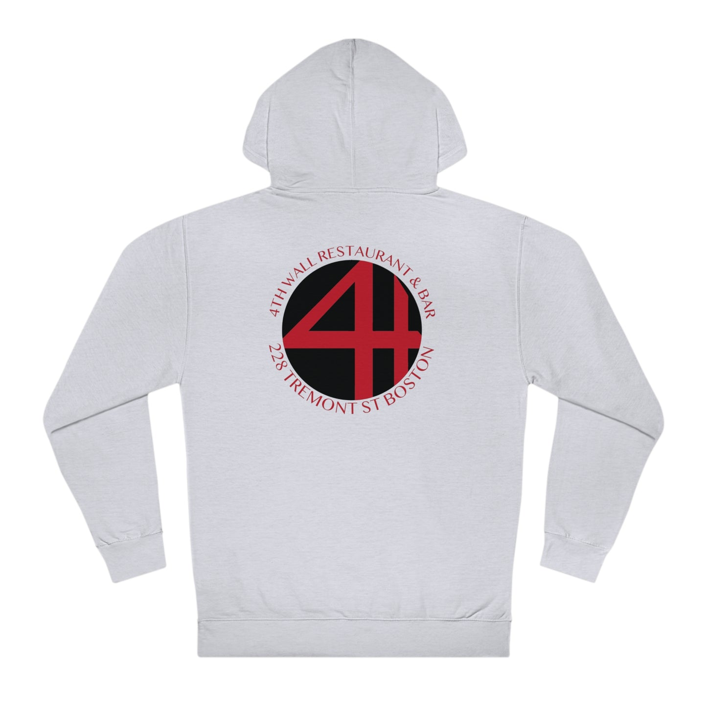Light gray men's fleece hooded sweatshirt featuring a circular 4th Wall Restaurant & Bar logo on the back.