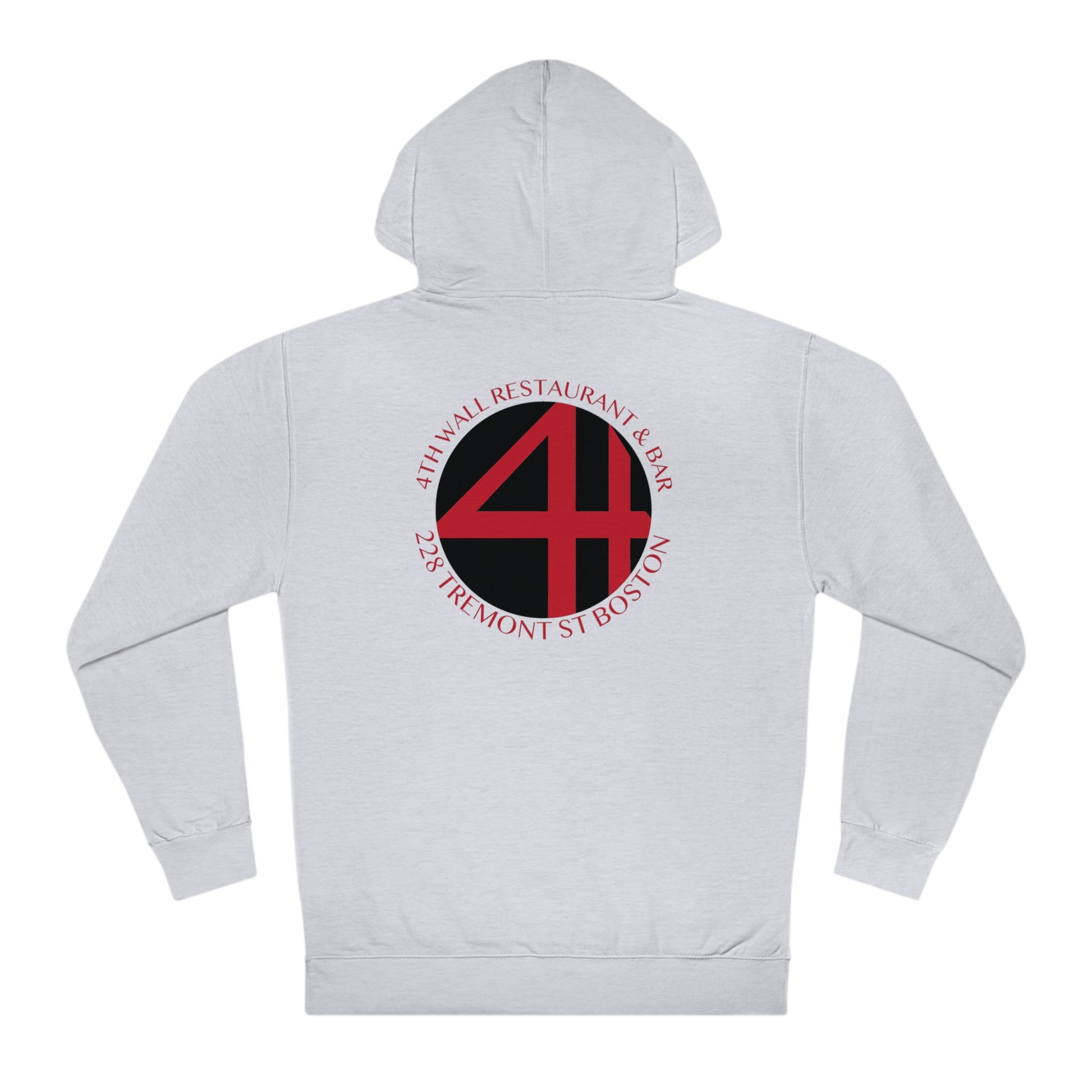 Light gray men's fleece hooded sweatshirt featuring a circular 4th Wall Restaurant & Bar logo on the back.