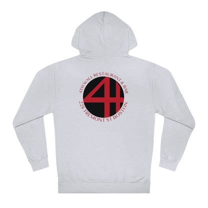 Light gray men's fleece hooded sweatshirt featuring a circular 4th Wall Restaurant & Bar logo on the back.