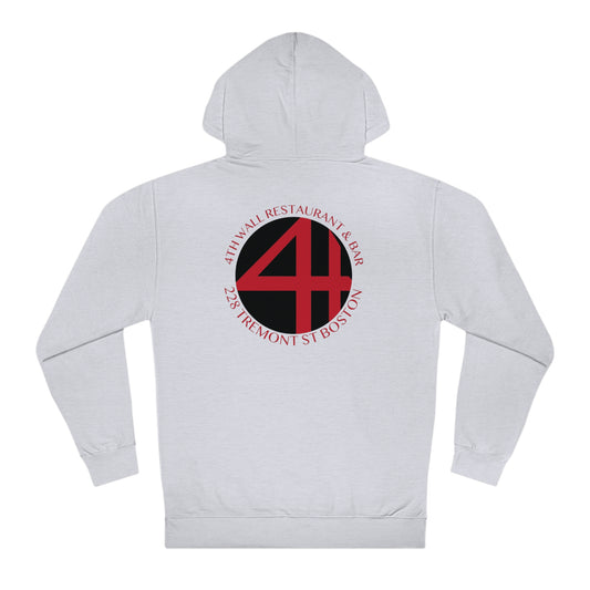 Light gray men's fleece hooded sweatshirt featuring a circular 4th Wall Restaurant & Bar logo on the back.