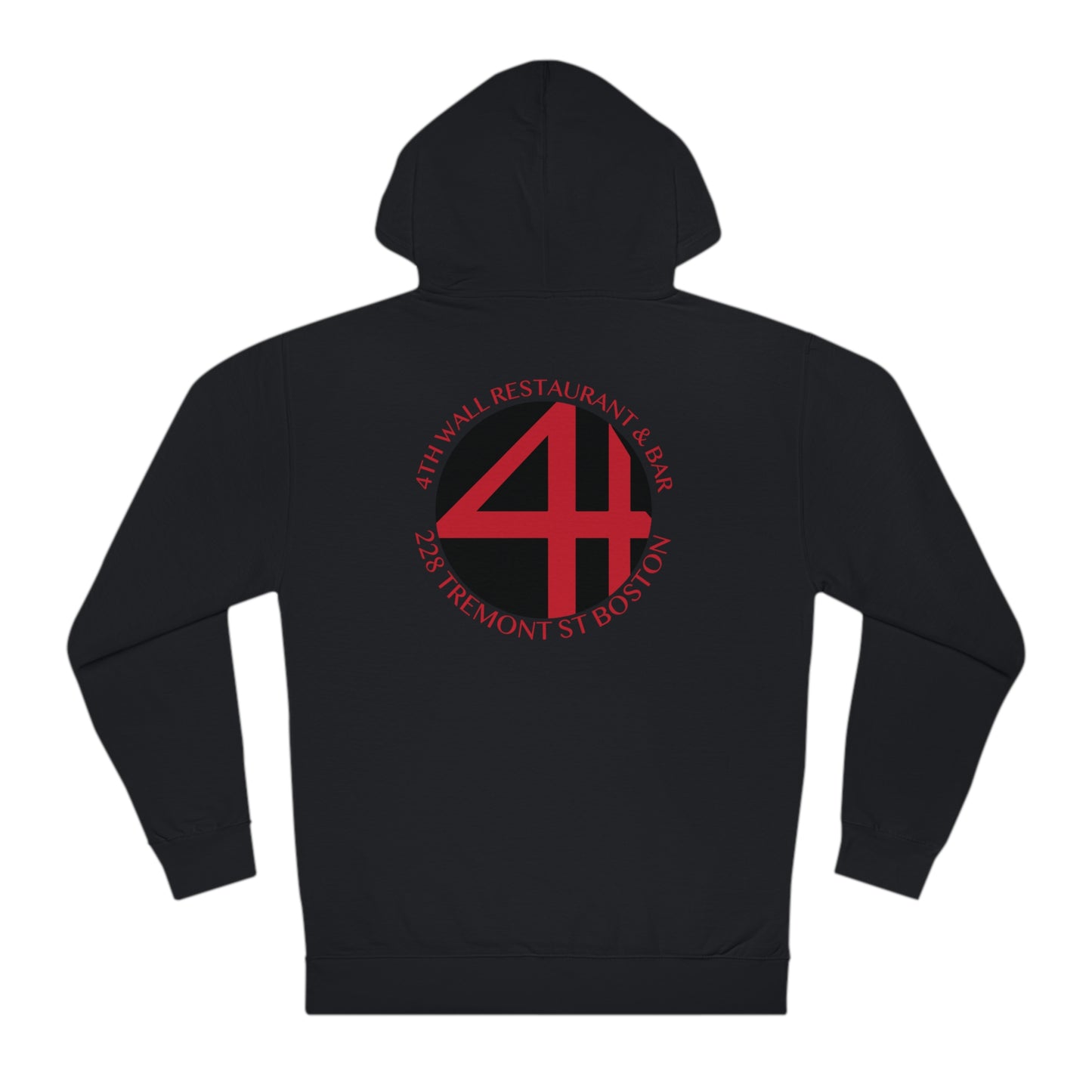 Black men's hooded sweatshirt featuring a red 4th Wall Restaurant & Bar logo on the back.