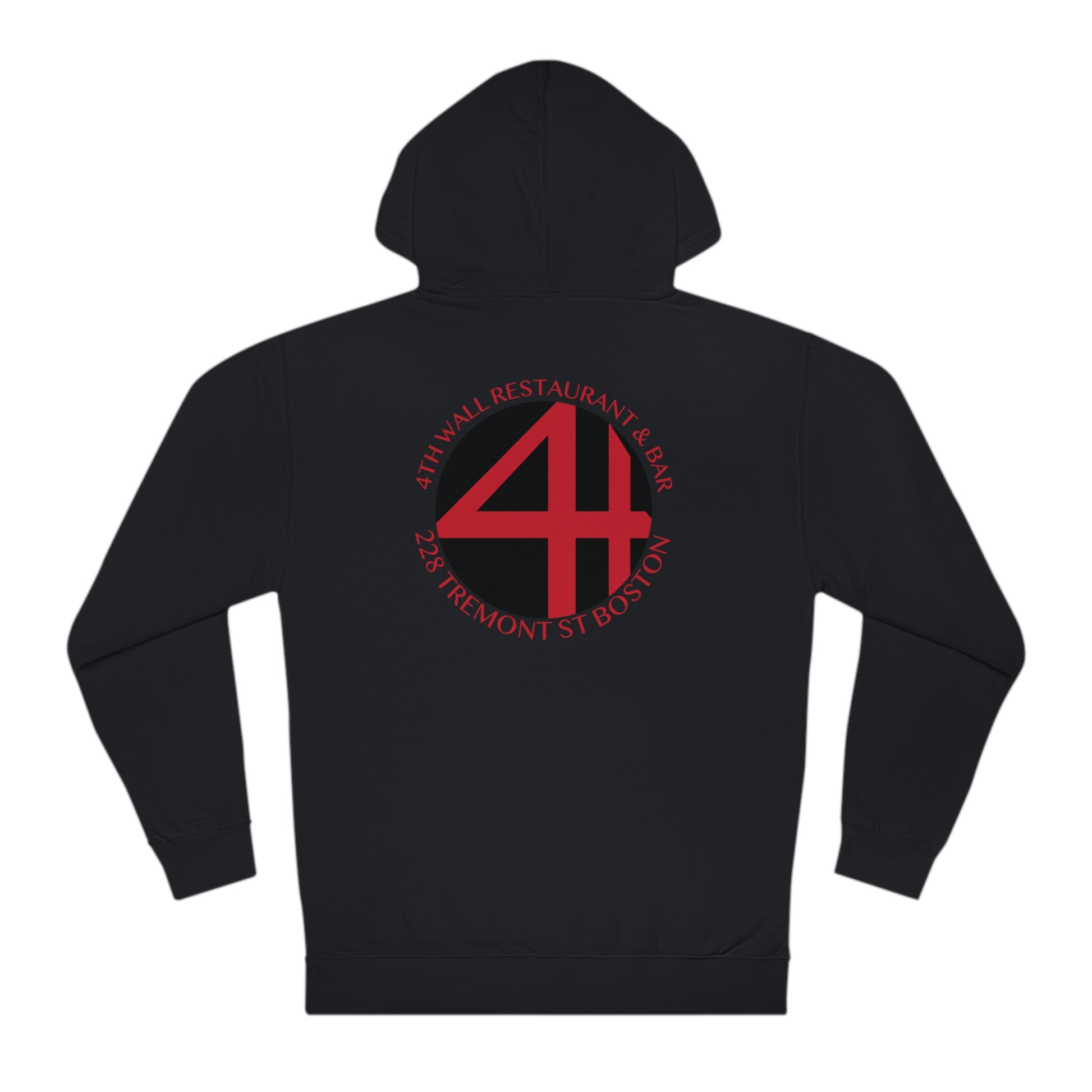 Black men's hooded sweatshirt featuring a red 4th Wall Restaurant & Bar logo on the back.