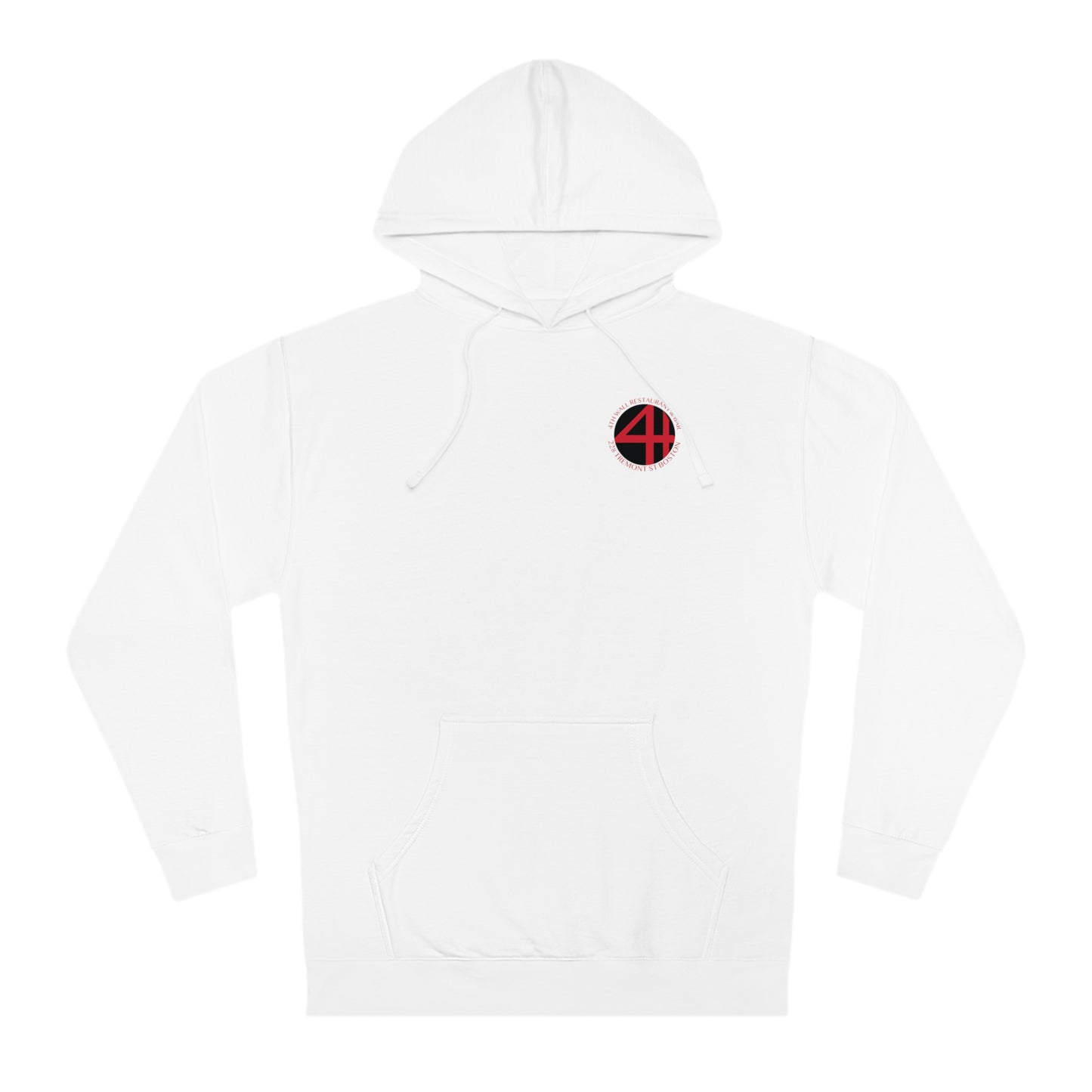 White 4th Wall fleece hooded sweatshirt with a small red and black circular logo on the chest and a front pouch pocket.
