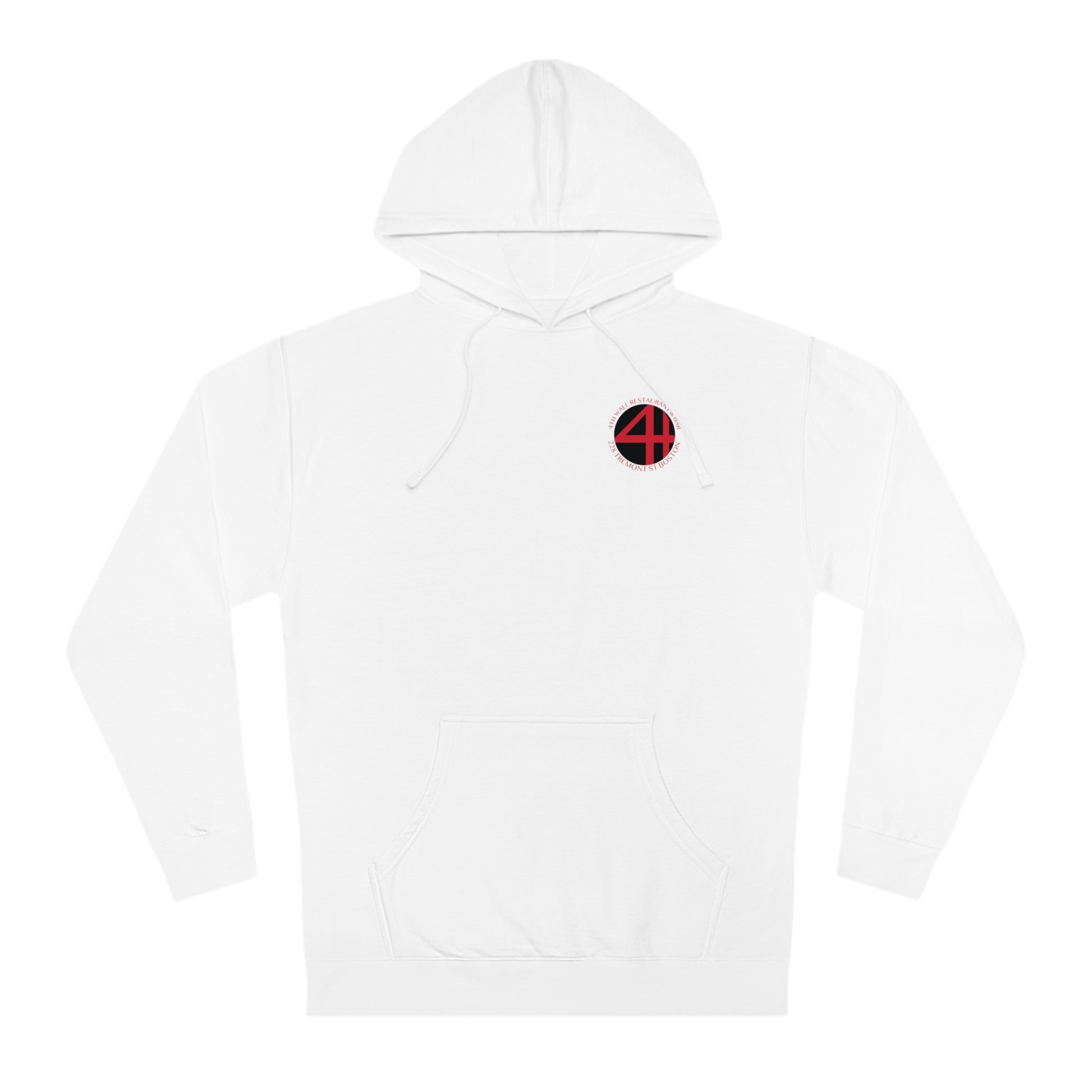White 4th Wall fleece hooded sweatshirt with a small red and black circular logo on the chest and a front pouch pocket.