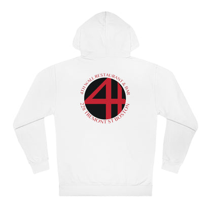 White men's hooded sweatshirt featuring a red and black 4th Wall Restaurant & Bar logo on the back.