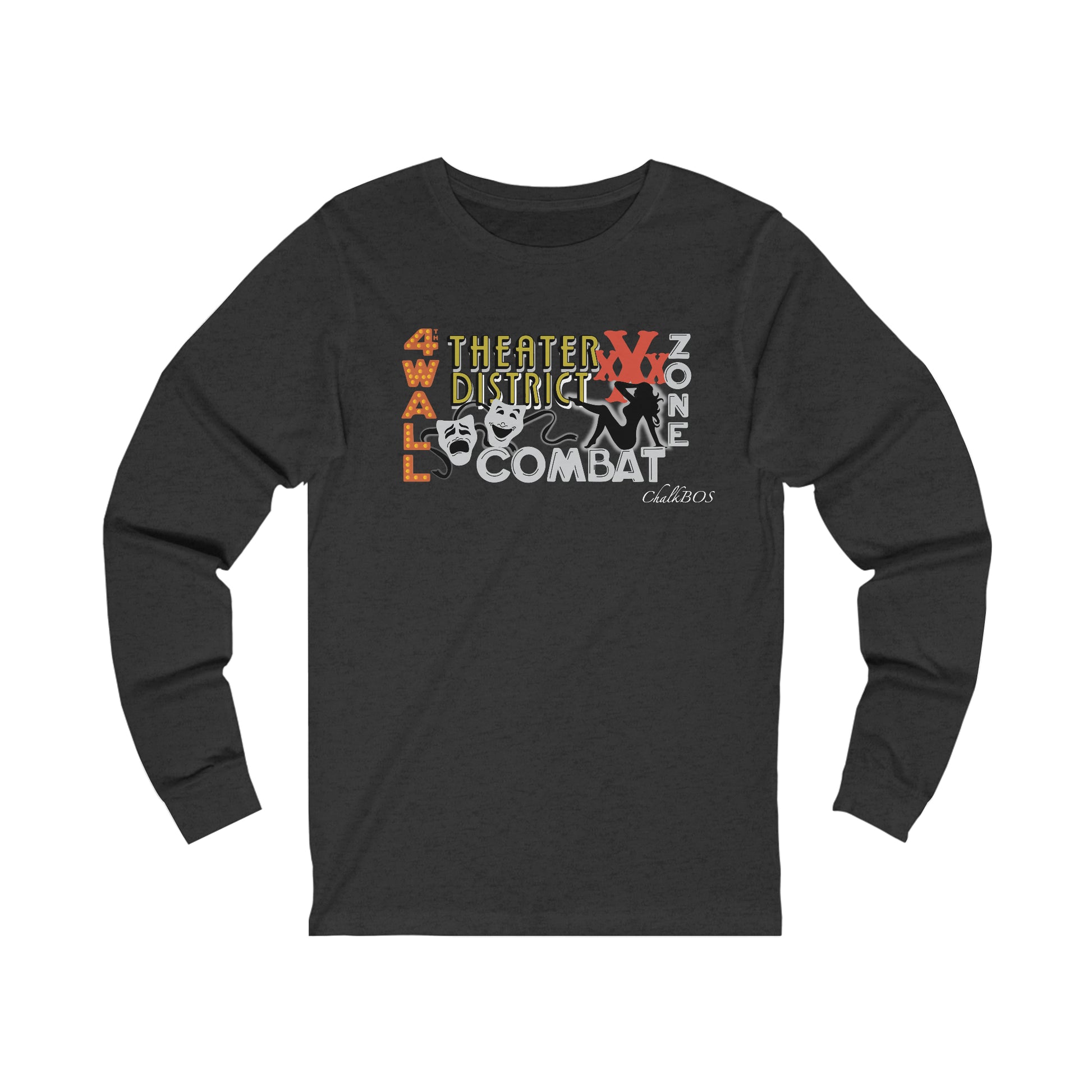 Black long-sleeve cotton crewneck tee featuring a 4th Wall Theater District graphic with comedy and tragedy masks.