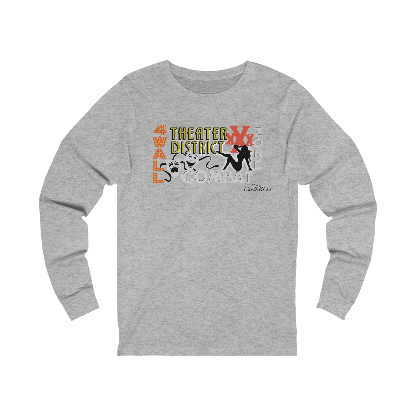 Grey long sleeve cotton jersey tee featuring a Theater District graphic print with theatrical masks and silhouette art.