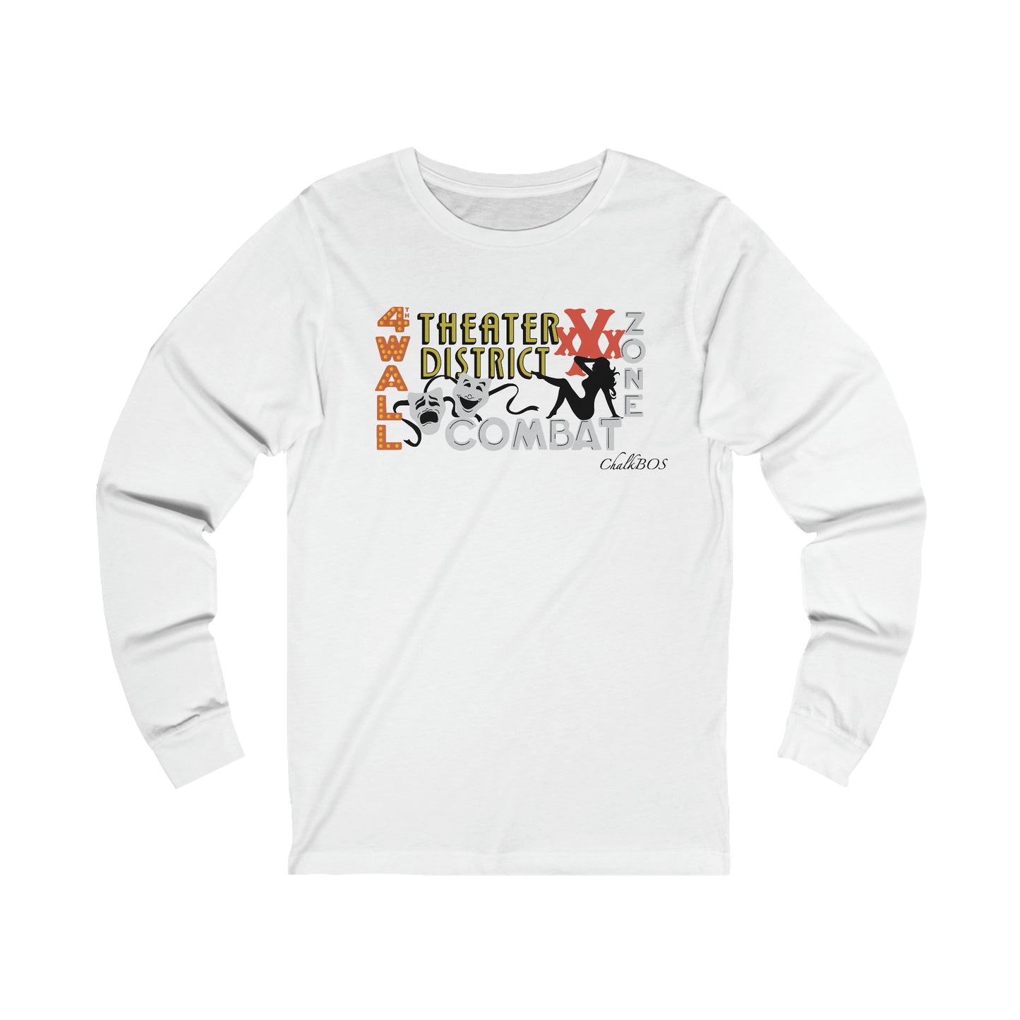 White long-sleeve cotton jersey tee featuring a colorful 4th Wall Theater District graphic print on the chest.