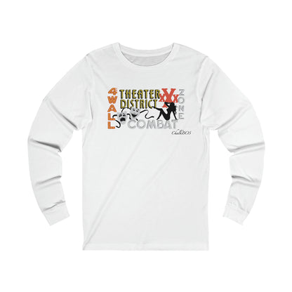 White long-sleeve cotton jersey tee featuring a colorful 4th Wall Theater District graphic print on the chest.