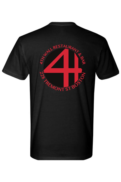 Black cotton men's t-shirt featuring a red 4th Wall Restaurant & Bar logo on the back.
