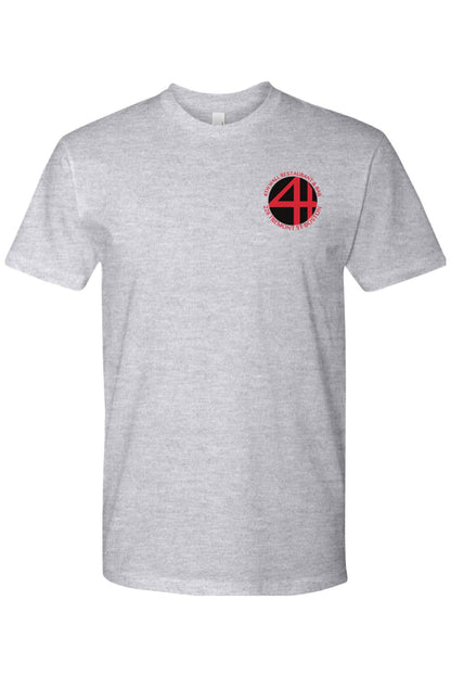 Grey crew neck cotton t-shirt featuring a red and black 4th Wall Restaurant & Bar logo on the left chest.