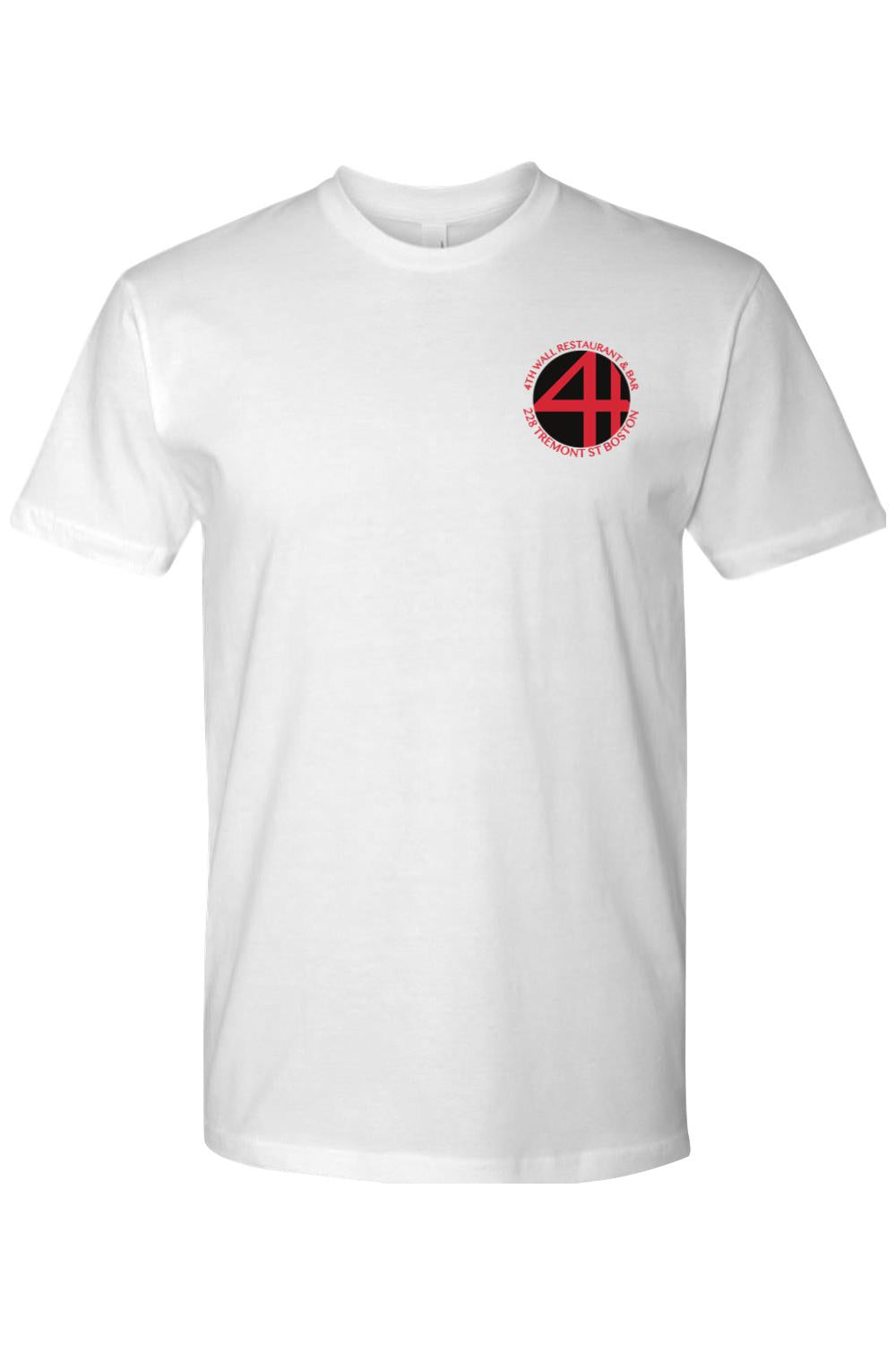 White 100% cotton men's t-shirt featuring a small 4th Wall Restaurant & Bar logo on the left chest.