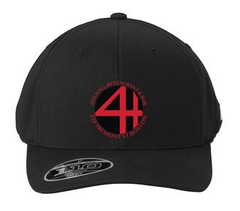 Structured black polyester snapback hat featuring a red 4th Wall Restaurant & Bar logo on the front crown.