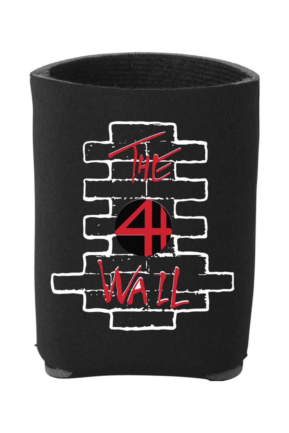 Black foam can cooler featuring a white brick wall graphic, a red number 4, and The Wall text in red lettering.