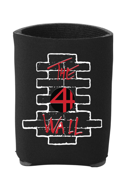 Black foam can cooler featuring a white brick wall graphic, a red number 4, and The Wall text in red lettering.
