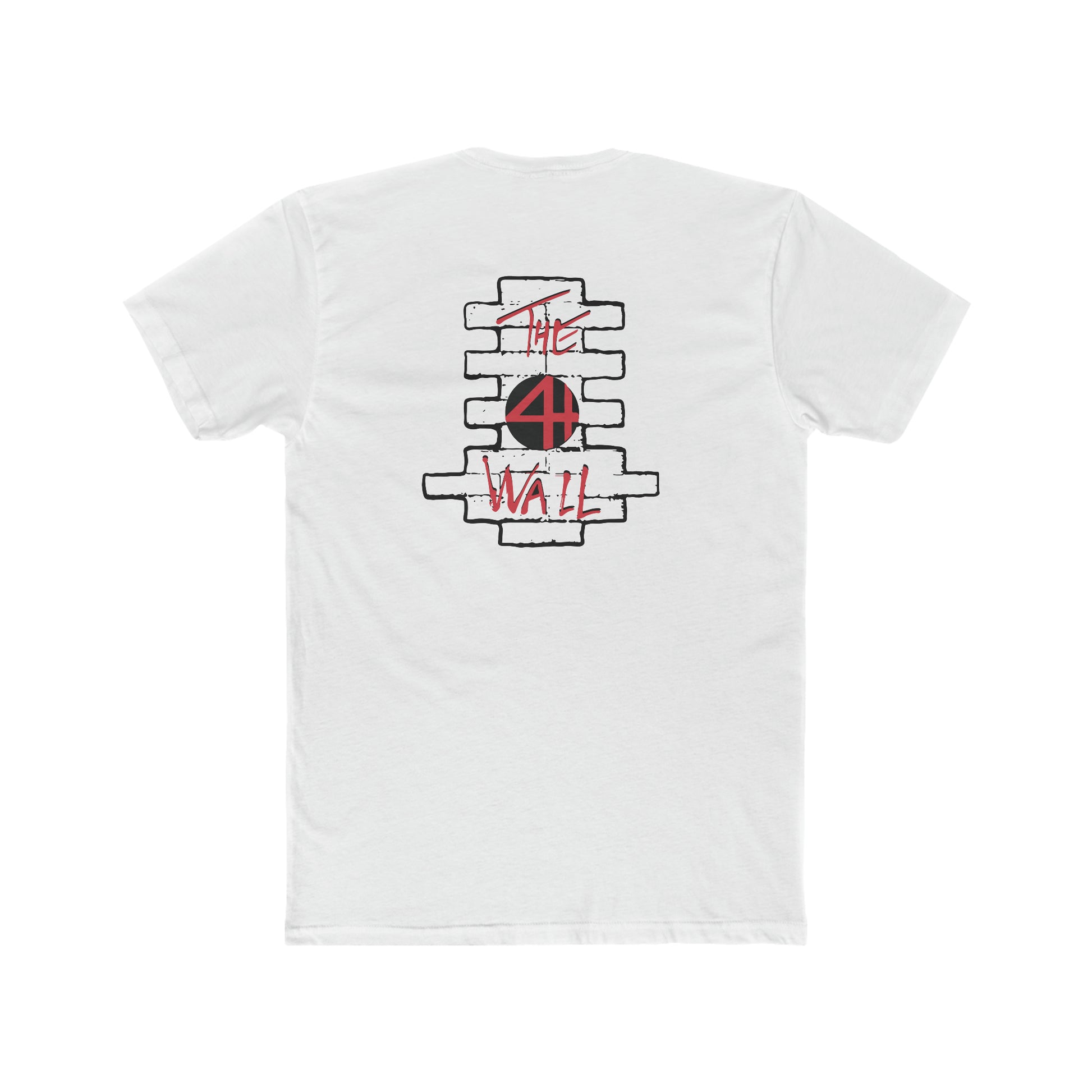 White cotton crew neck t-shirt featuring a black brick wall graphic with red 4th Wall text on the back.