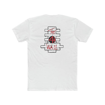 White cotton crew neck t-shirt featuring a black brick wall graphic with red 4th Wall text on the back.