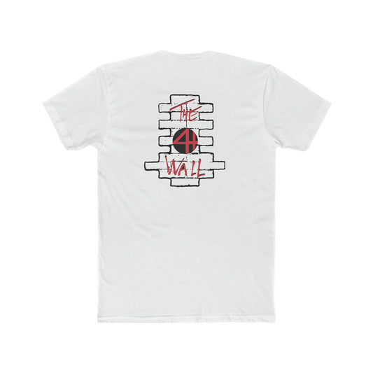 White cotton crew neck t-shirt featuring a black brick wall graphic with red 4th Wall text on the back.