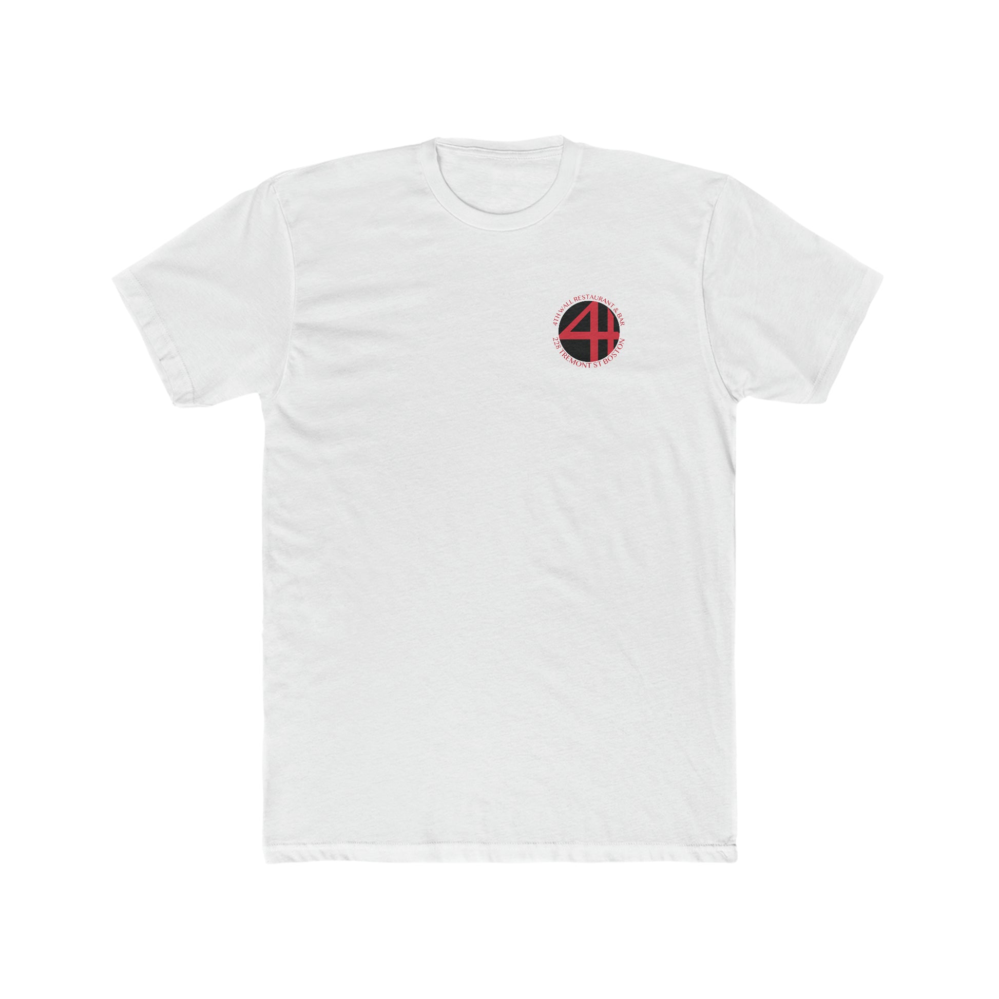 White premium cotton crew neck t-shirt featuring a small 4th Wall Restaurant & Bar logo on the left chest.