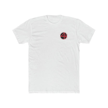 White premium cotton crew neck t-shirt featuring a small 4th Wall Restaurant & Bar logo on the left chest.