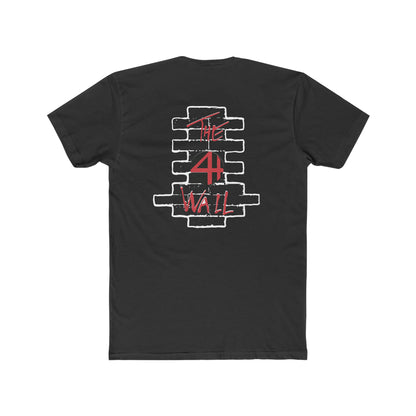 Black cotton tee featuring a white brick wall graphic with red The 4th Wall text on the back.