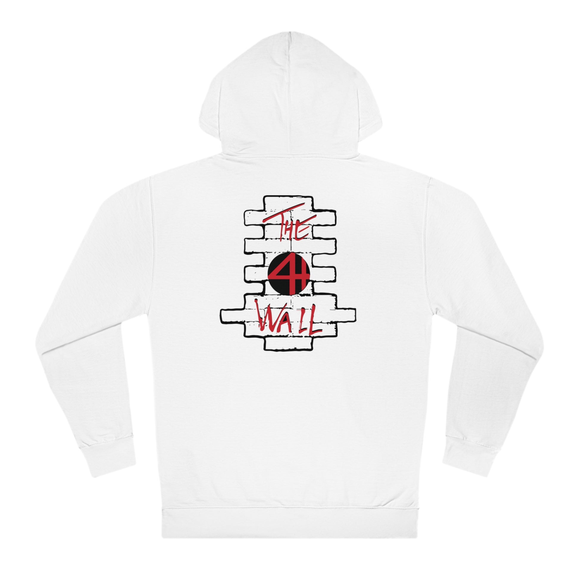 White cotton-blend hooded sweatshirt featuring a red and black brick wall graphic with The 4th Wall text on the back.