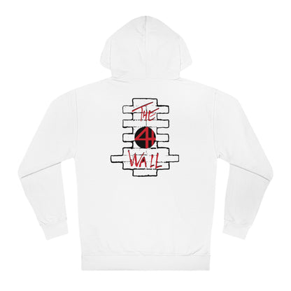 White cotton-blend hooded sweatshirt featuring a red and black brick wall graphic with The 4th Wall text on the back.