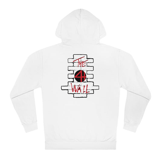 White cotton-blend hooded sweatshirt featuring a red and black brick wall graphic with The 4th Wall text on the back.