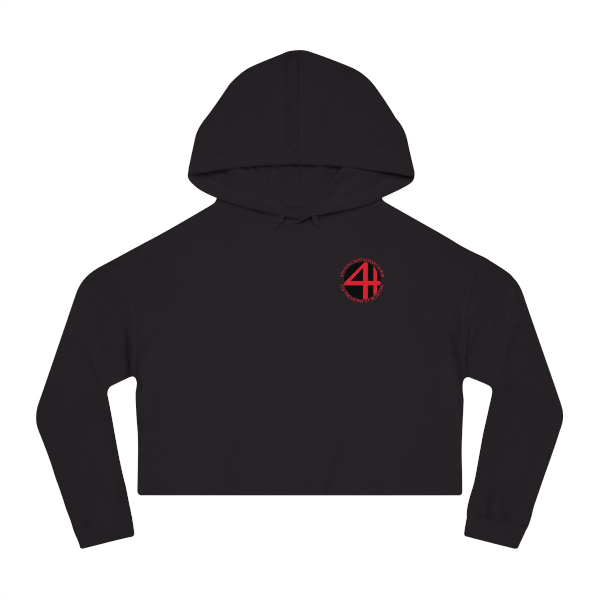 Black cropped hooded sweatshirt with a red 4th Wall logo on the chest, featuring a relaxed fit and cotton blend.