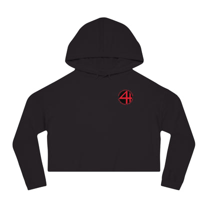 Black cropped hooded sweatshirt with a red 4th Wall logo on the chest, featuring a relaxed fit and cotton blend.