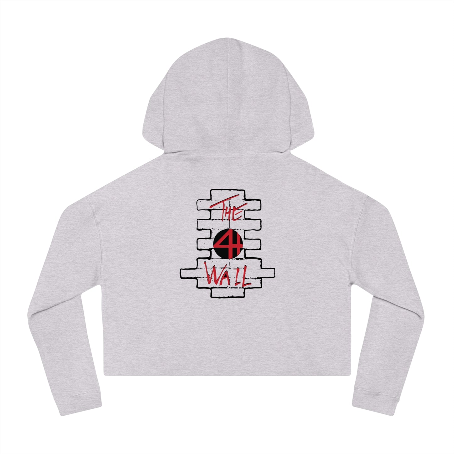 Light gray women's cropped hooded sweatshirt featuring a red and black The Wall brick graphic on the back.