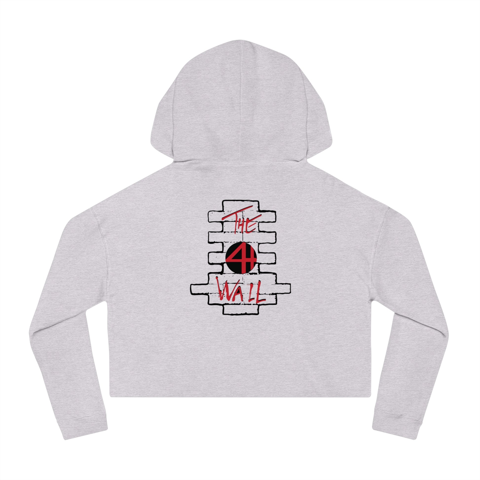 Light gray women's cropped hooded sweatshirt featuring a red and black The Wall brick graphic on the back.