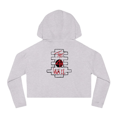 Light gray women's cropped hooded sweatshirt featuring a red and black The Wall brick graphic on the back.