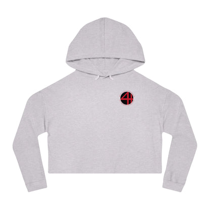 Light grey women's cropped hooded sweatshirt featuring a circular 4th Wall logo on the chest.