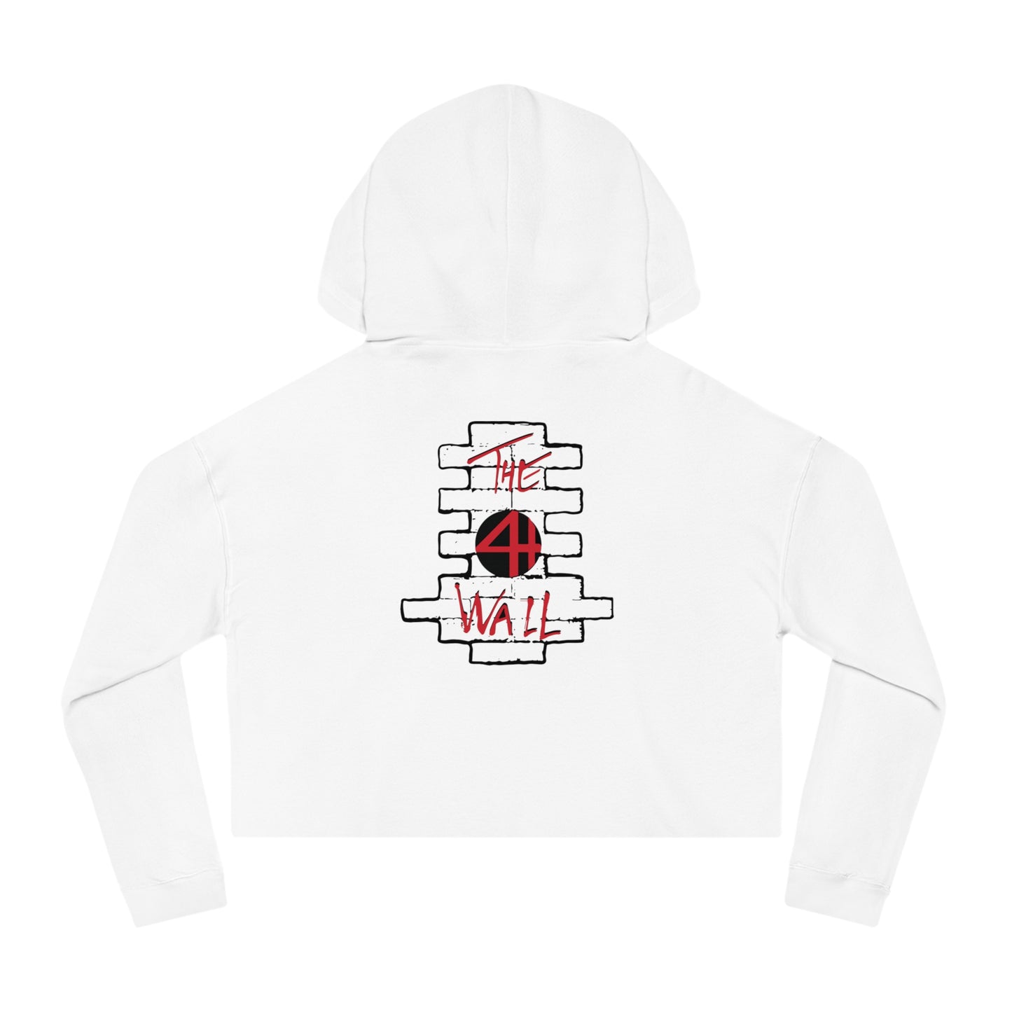 White cropped hooded sweatshirt featuring a red and black The Wall graphic on the back.