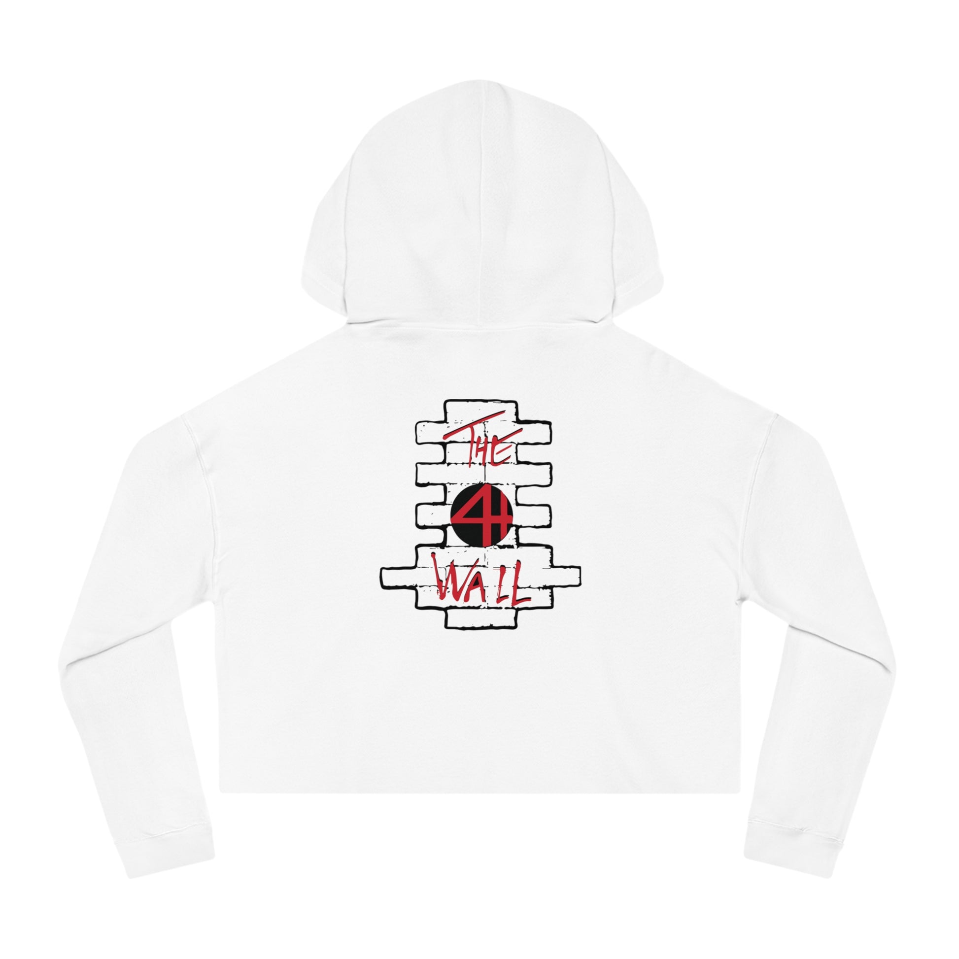 White cropped hooded sweatshirt featuring a red and black The Wall graphic on the back.