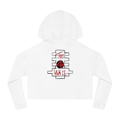 White cropped hooded sweatshirt featuring a red and black The Wall graphic on the back.